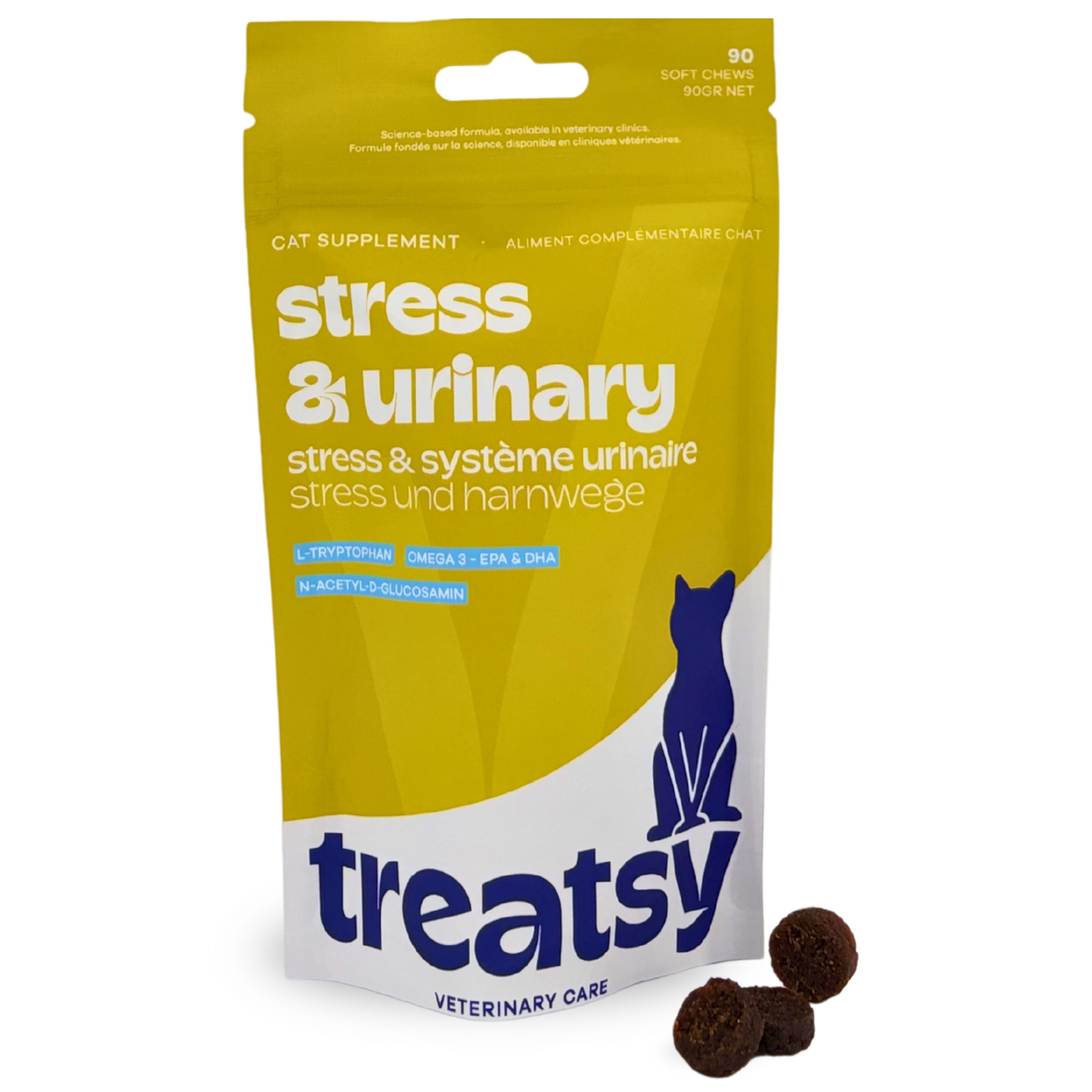 Gelbe Tüte mit braunen Tabletten. Aufschrift: Stress & Urinary. Marke: Treatsy.