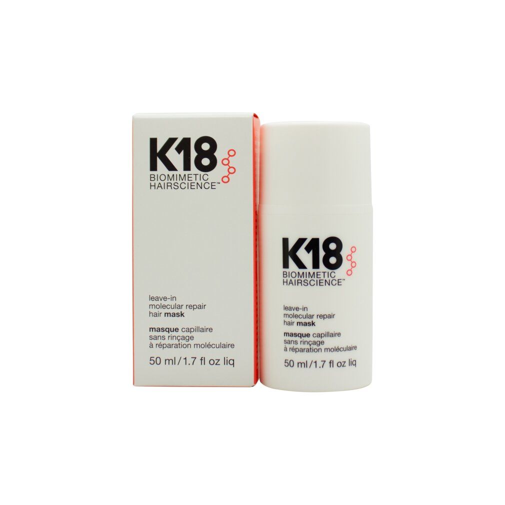Produktverpackung mit Flasche und Karton. K18-Logo und Text. Enthält "leave-in molecular repair hair mask". Volumen: 50ml / 1.7 fl oz.