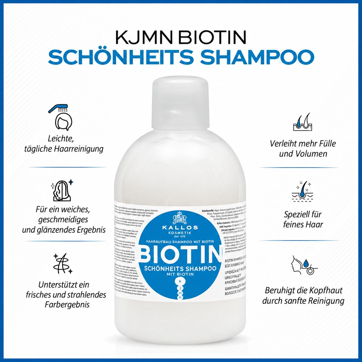 Kallos Biotin Schönheits Shampoo Flasche mit Informationen und Icons zu Haarpflege.