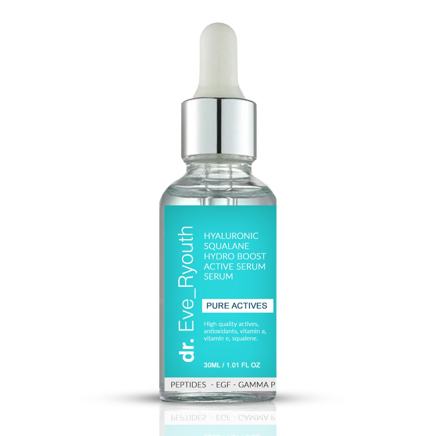 Dr. Eve Ryouth Hyaluronsäure Squalane Hydro Boost Serum in Glasflasche mit Pipette. Enthält Hyaluronsäure, Antioxidantien, Vitamine A, E, Squalane.