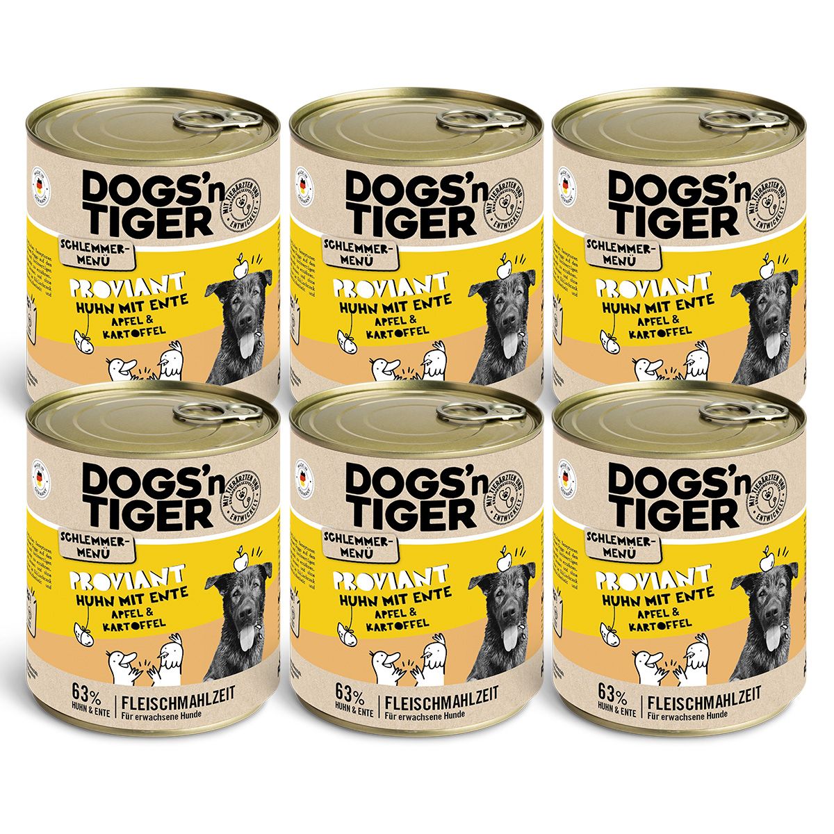 Sechs Dosen Hundefutter. Auf jeder Dose ist das Logo Dogs'n Tiger und Produktinformationen abgebildet.