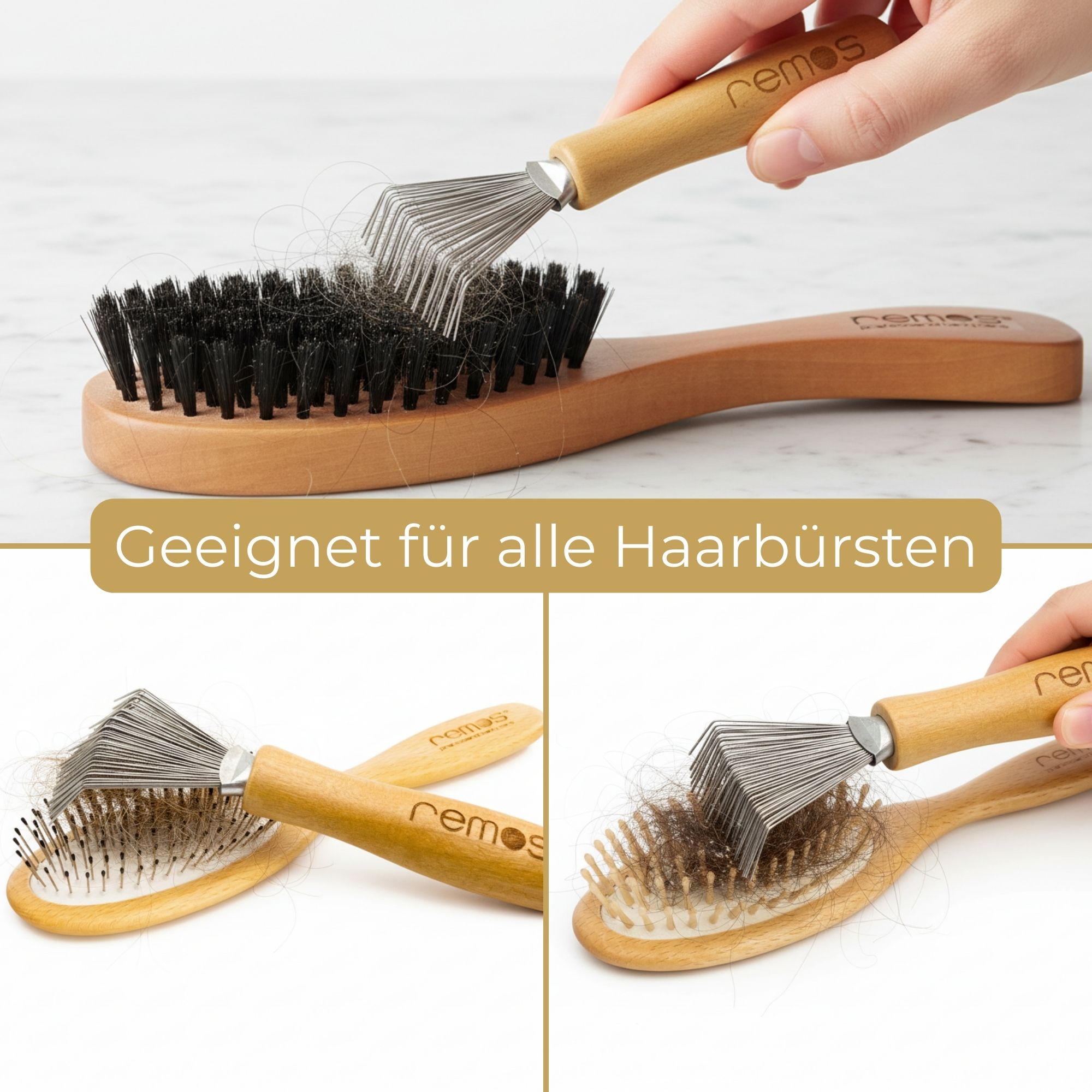 Anwendung: REMOS Bürstenreiniger entfernt Haare aus verschiedenen Haarbürsten.