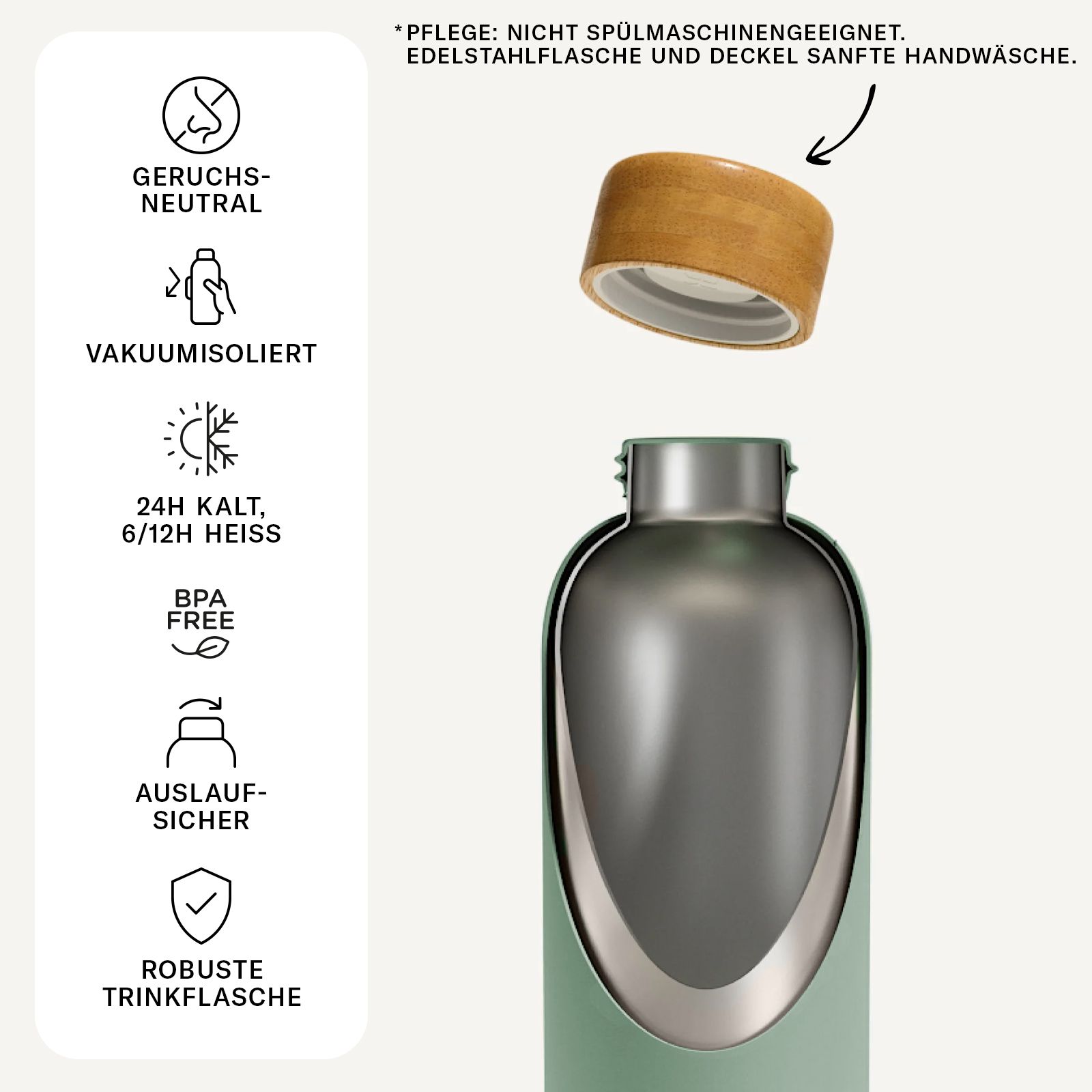 Grüne Edelstahlflasche mit Holzdeckel. Vakuumisoliert, 24h kalt/12h heiß, BPA-frei, auslaufsicher, robuste Trinkflasche.