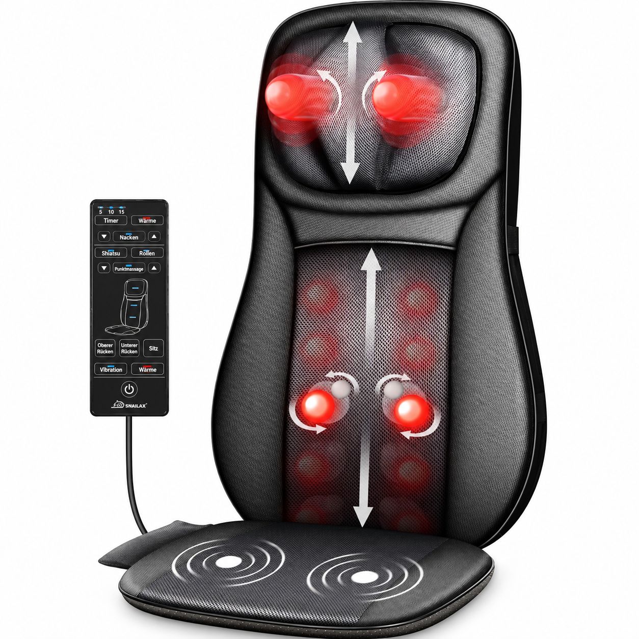 Massagekissen mit Fernbedienung. Rote Massageköpfe sind im Nacken-, Rücken- und Sitzbereich aktiv. Vibrationen im Sitz sind angedeutet.