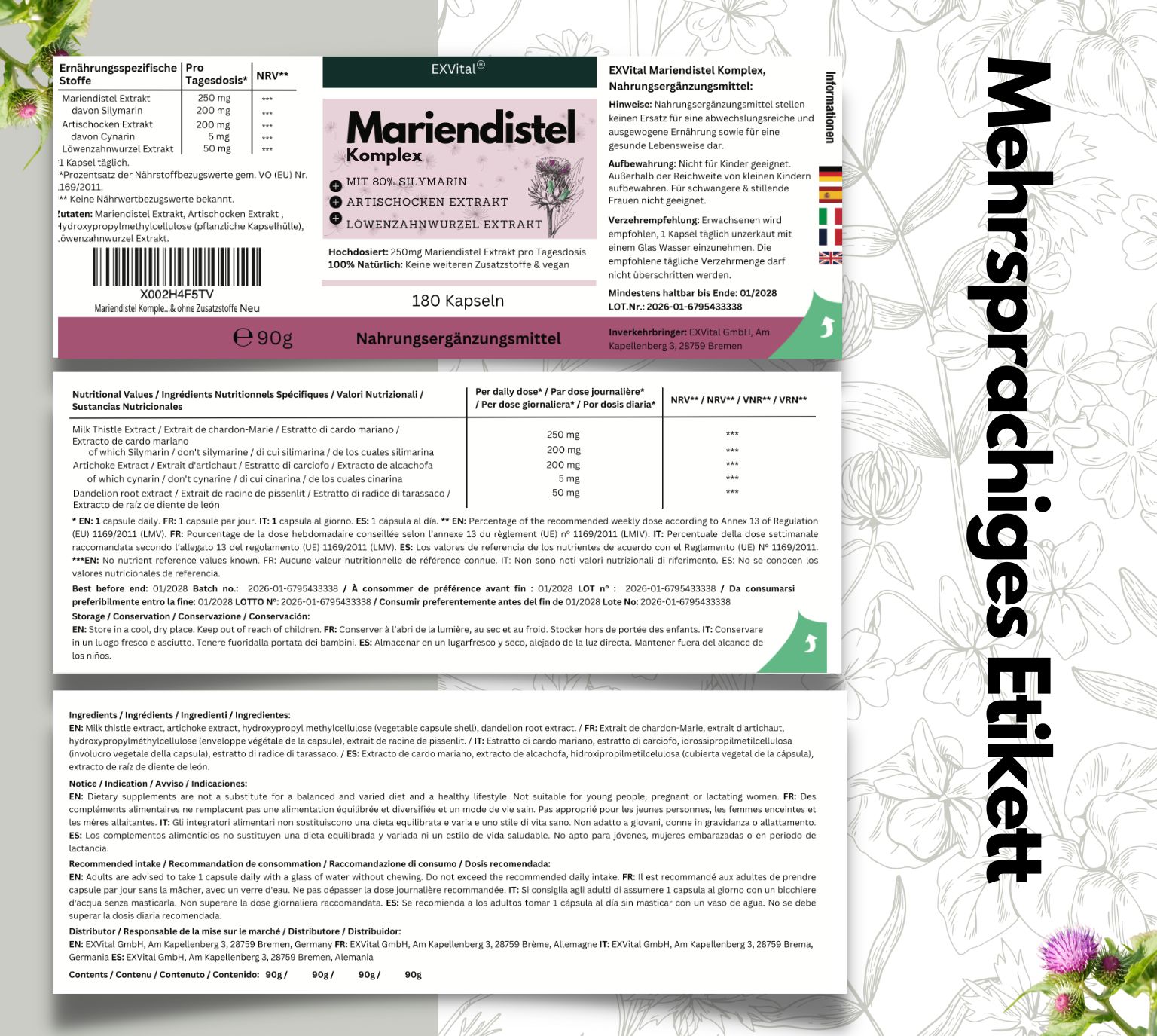 Etikett mit Text in mehreren Sprachen. Mariendistel Komplex. 180 Kapseln. Nahrungsergänzungsmittel. Mehrsprachiges Etikett.