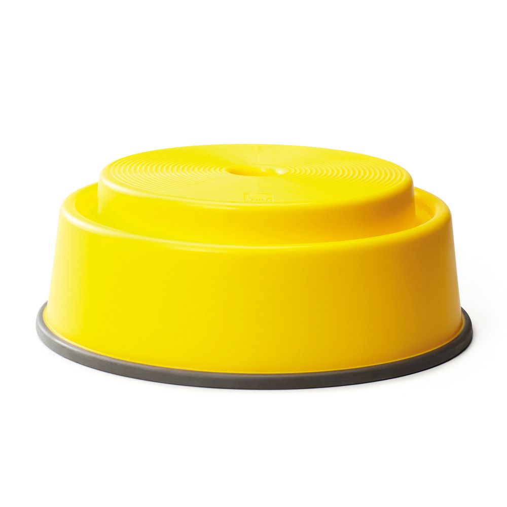 Gelber, runder Balance-Baustein mit grauem Rand. Oberseite mit Rillen. Zwei Ebenen.