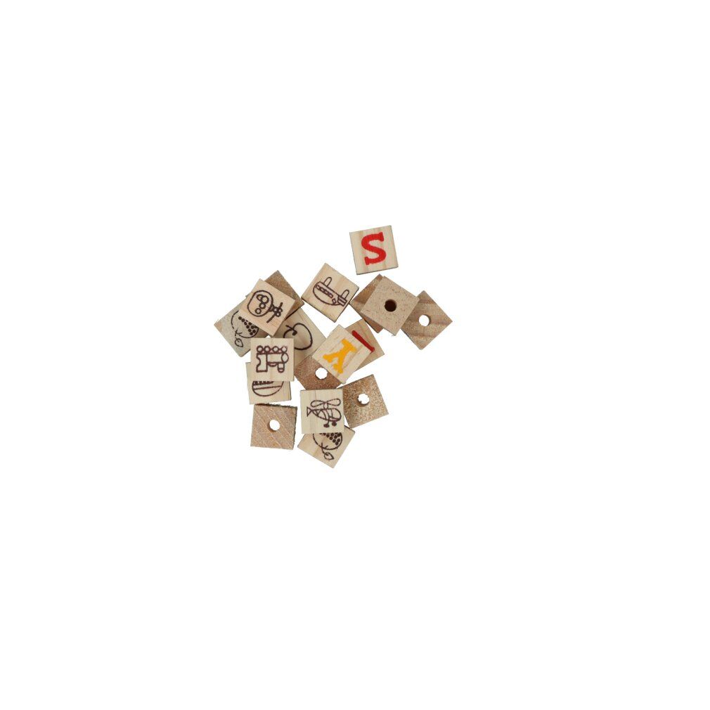 Kleine Holzspielblöcke mit Buchstaben und Symbolen. Einzelne Blöcke liegen verstreut.