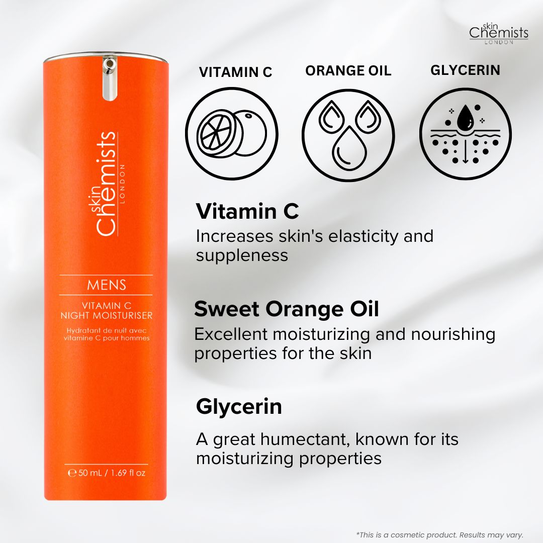 Orangefarbene Flasche mit Produkttext und Illustrationen von Vitamin C, Orangenöl und Glycerin.