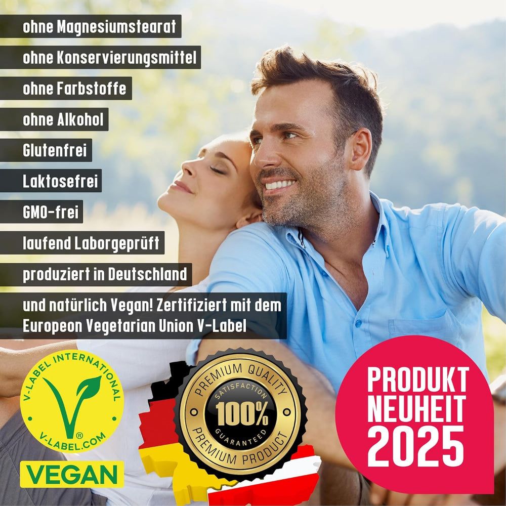 Paar umarmt sich. Text: Ohne Inhaltsstoffe. Produktneuheit 2025. V-Label Vegan. Premium Qualität.