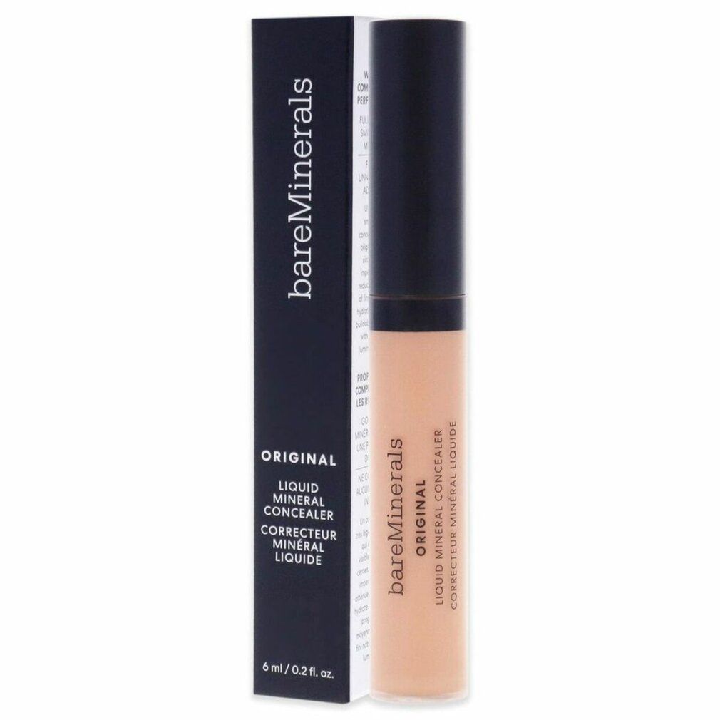 BareMinerals Original Liquid Concealer. Flasche und Verpackung. Schwarzer Deckel, helle Flüssigkeit. Text: Original, Liquid Mineral Concealer.