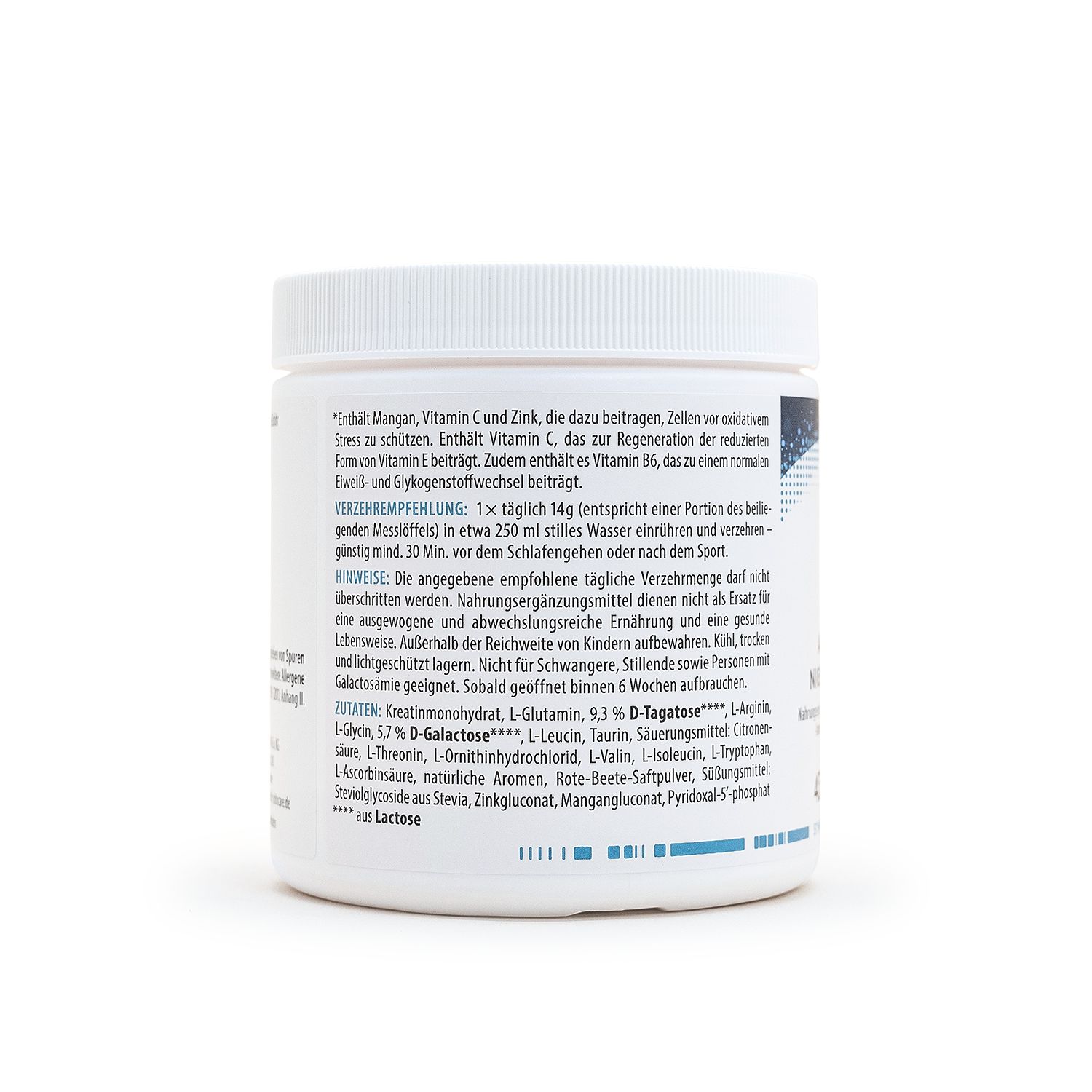 Rückseite der MITOcare Aminosäuren Night & Recovery Dose mit Anwendungshinweisen und Inhaltsstoffen.