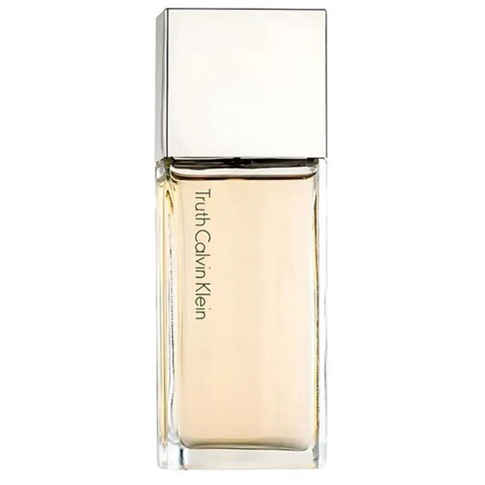 Parfümflakon, rechteckig, transparent mit silbernem Deckel. Schriftzug Truth Calvin Klein.