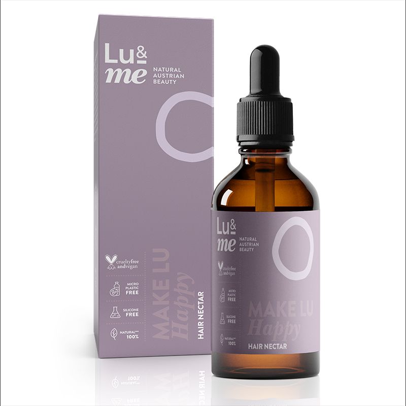Braune Glasflasche mit Pipette und Verpackung. Aufschrift: Lu & me, Make Lu Happy, Hair Nectar. Vegan-Siegel.