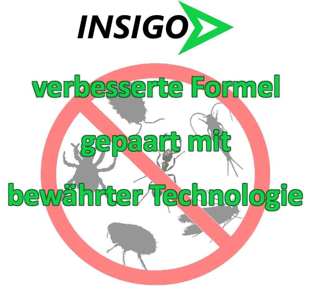 Logo INSIGO mit grünem Pfeil. Roter Kreis mit durchgestrichenen Insekten. Text: verbesserte Formel gepaart mit bewährter Technologie.