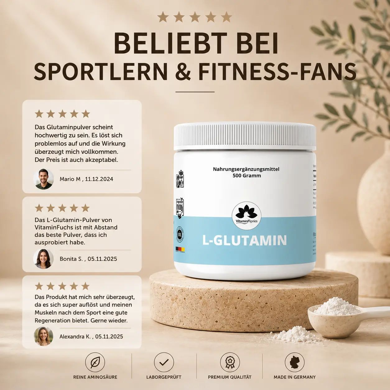 Dose L-Glutamin Pulver 500g auf Steinsockel, umgeben von Streudekor. Kundenbewertungen und Qualitätssiegel.