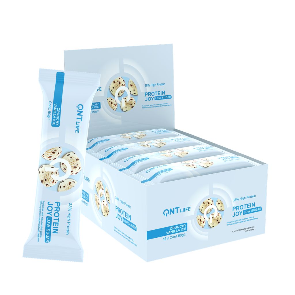 QNT Protein Joy Riegel, Crunchy Vanilla Ice. 38% Protein, zuckerarm. Einzelner Riegel und Karton mit 12 Riegeln.