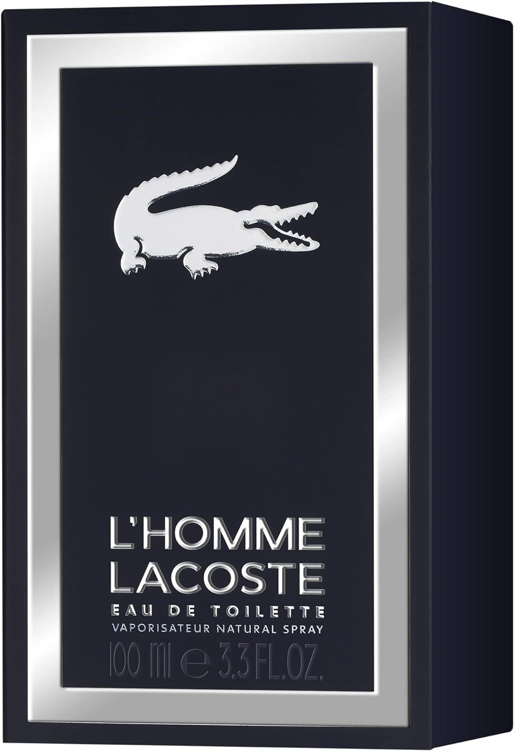 Schwarze Verpackung von L'Homme Lacoste. Silberner Rahmen, weißes Krokodil-Logo. Text: L'HOMME LACOSTE, Eau de Toilette.