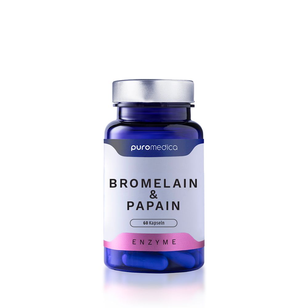 Dunkelblaue Flasche mit 60 Kapseln Bromelain & Papain Enzymen von PuroMedica.