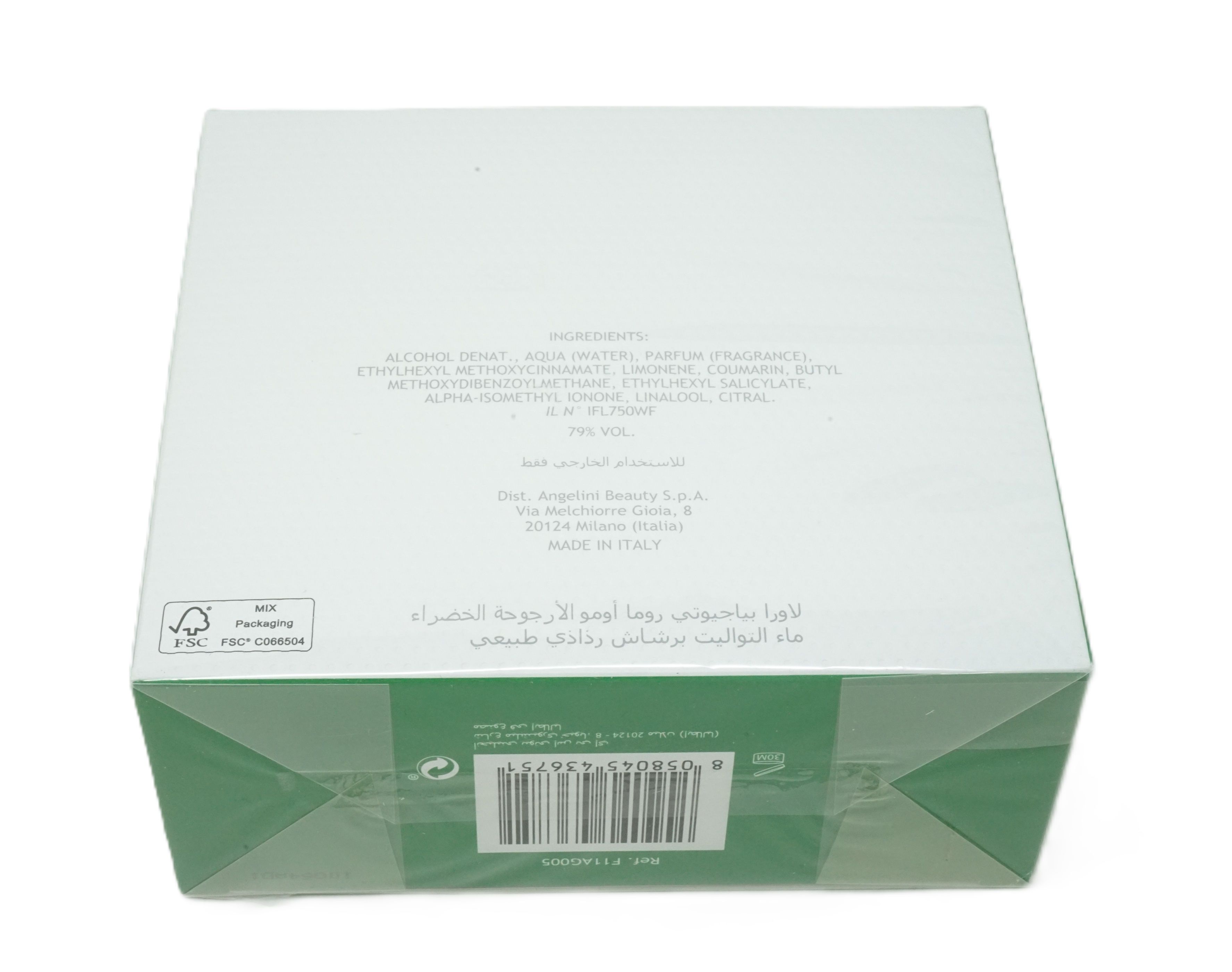 Verpackung von unten gesehen. Weiß mit grünem Streifen. Text und Barcode sichtbar. FSC-Logo.