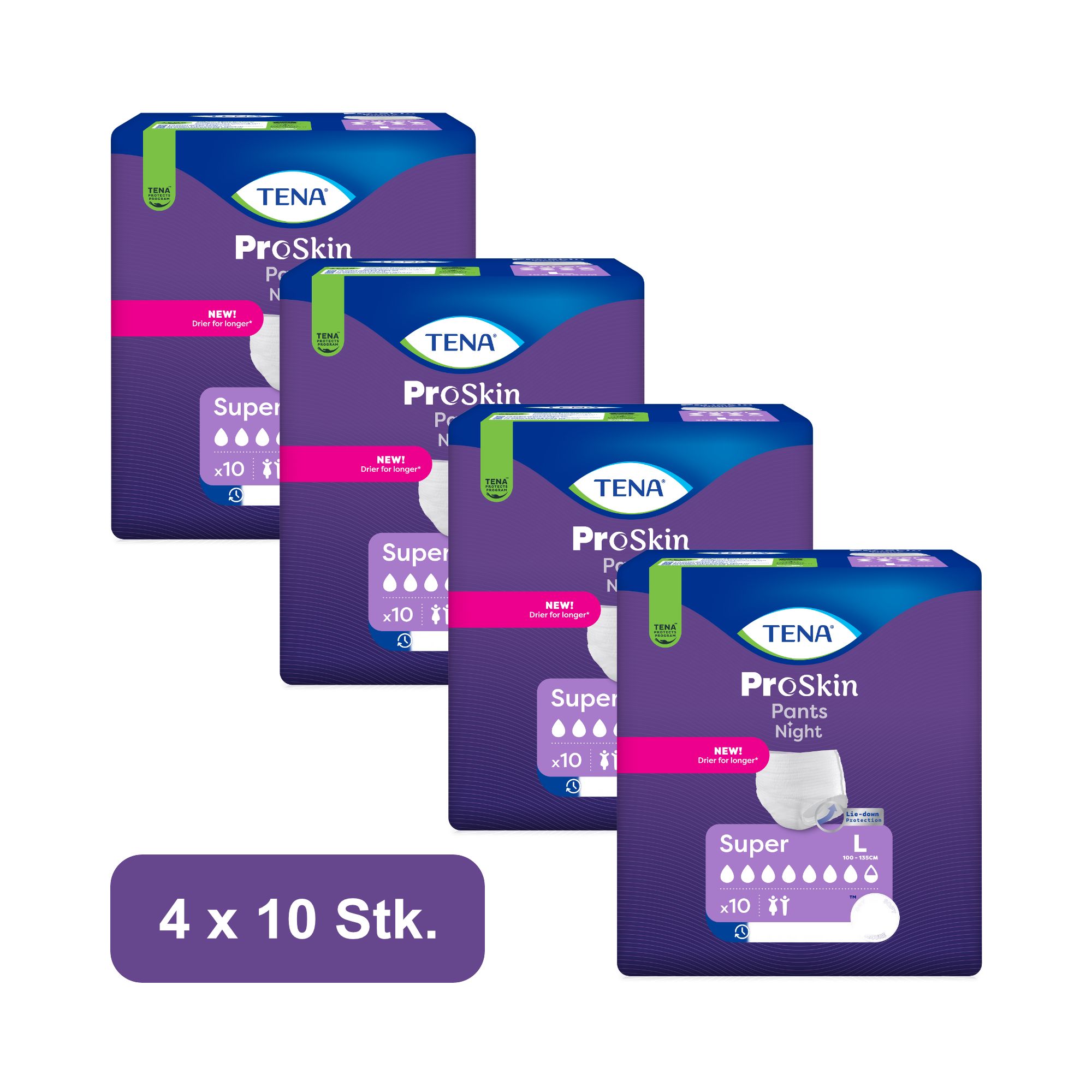 Vier Packungen TENA ProSkin Pants Night Super L, je 10 Stück.