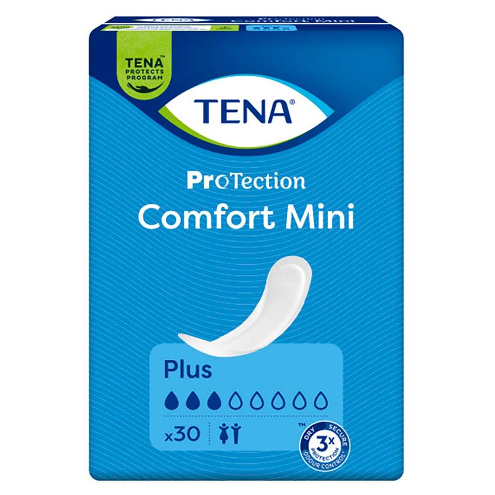 Blaue Verpackung mit Produktnamen TENA Comfort Mini Plus. Enthält 30 Stück. Logo und Produktinformationen.