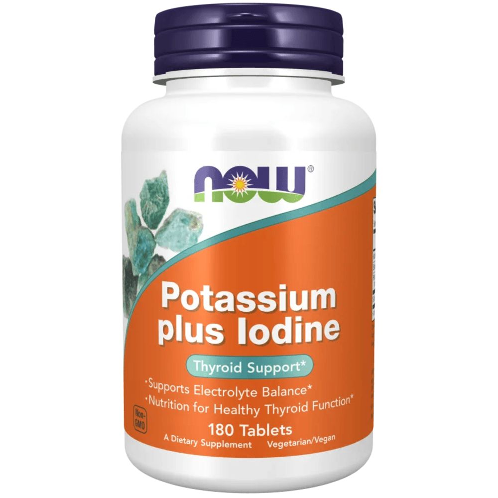 Weiße Flasche mit blauem Deckel. Aufschrift: Potassium plus Iodine, 180 Tabletten. Vegan.