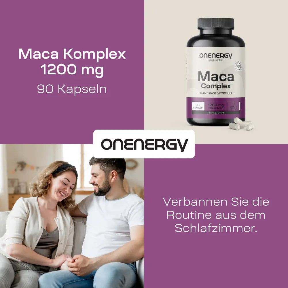 Produktflasche "OnEnergy Maca Komplex" neben einem Paar auf einer Couch. Text: Verbannen Sie die Routine aus dem Schlafzimmer.