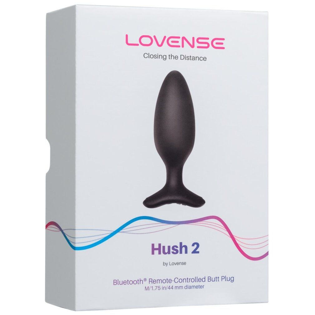 Schwarzer Butt Plug in Verpackung. Produktname: Hush 2. Marke: Lovense. Verpackung mit Produktabbildung und Text.