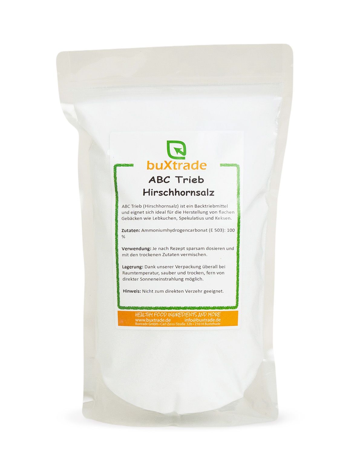 Verpackung mit buXtrade Hirschhornsalz ABC Trieb. Enthält Ammoniumhydrogencarbonat.