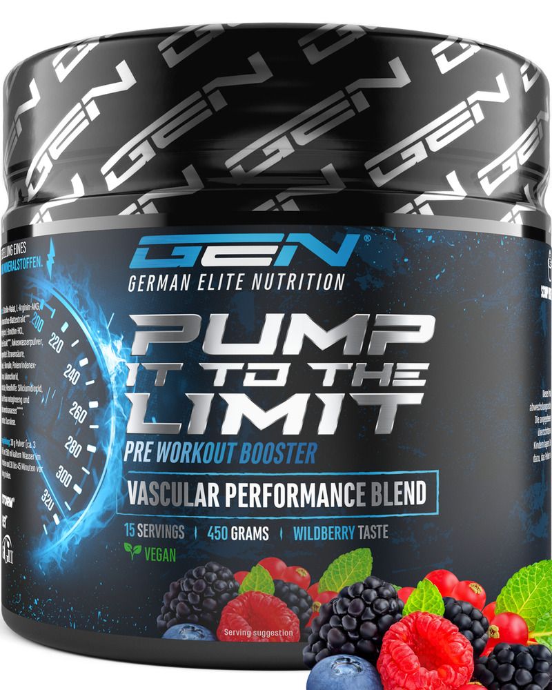 Dose GEN Pump it to the Limit 2.0. Pre Workout Booster, Vascular Performance Blend, 15 Servings, 450 Grams, Wildberry Taste, Vegan.