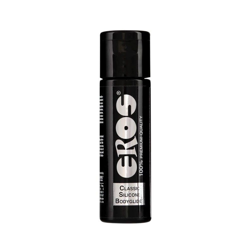 Schwarze Flasche mit EROS Logo und 'Classic Silicone Bodyglide' Aufschrift.
