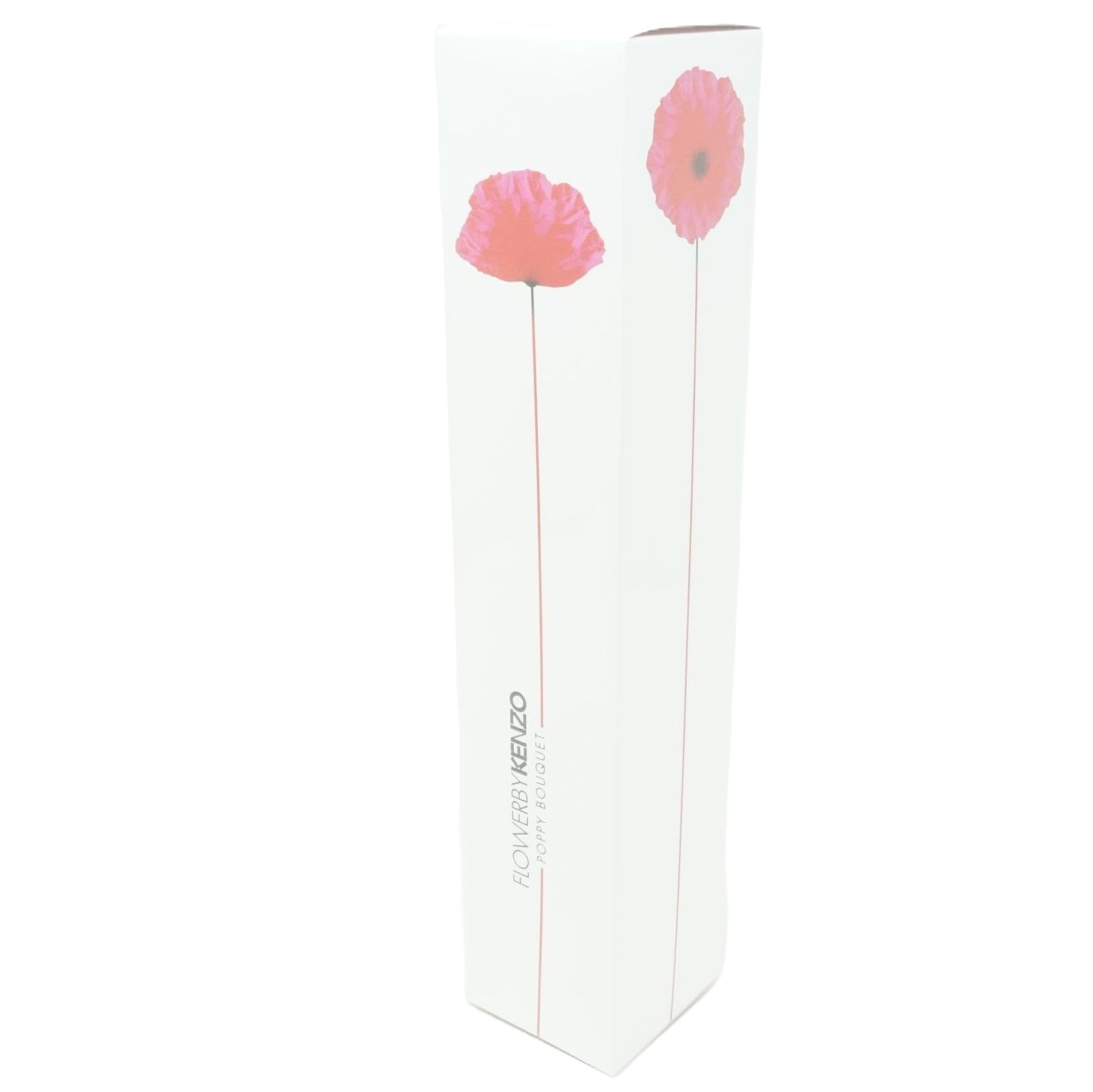 Weiße Verpackung mit zwei roten Mohnblumen-Illustrationen. Schriftzug: FLOWERS BY KENZO Poppy Bouquet.