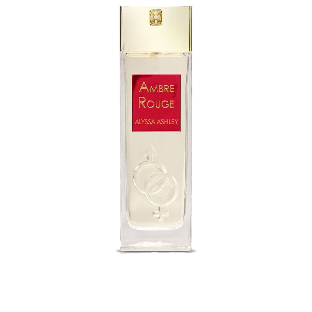 Alyssa Ashley Ambre Rouge Edp Spray. Rechteckige Flasche mit goldfarbenem Deckel. Rotes Etikett mit Produktnamen. Unterhalb des Etiketts ist ein Symbol abgebildet.