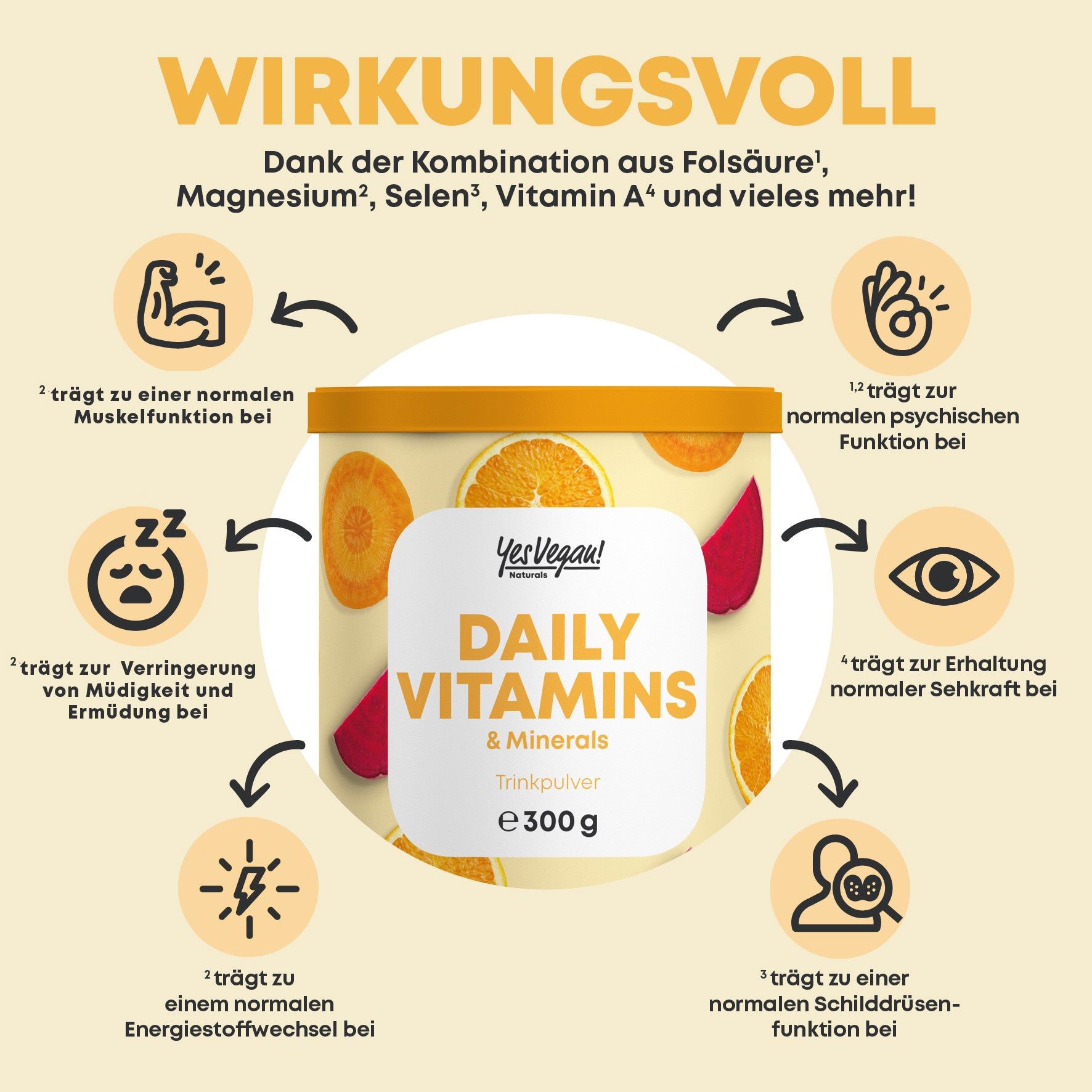 Infografik mit Wirkungsweise. Dose "Daily Vitamins & Minerals" im Zentrum. Kreise zeigen Vorteile wie Muskel- und psychische Funktion.