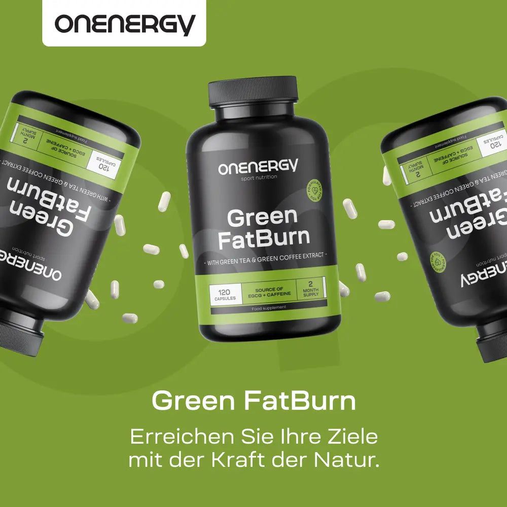 OnEnergy Green FatBurn Kapseln neben getrocknetem grünen Tee.