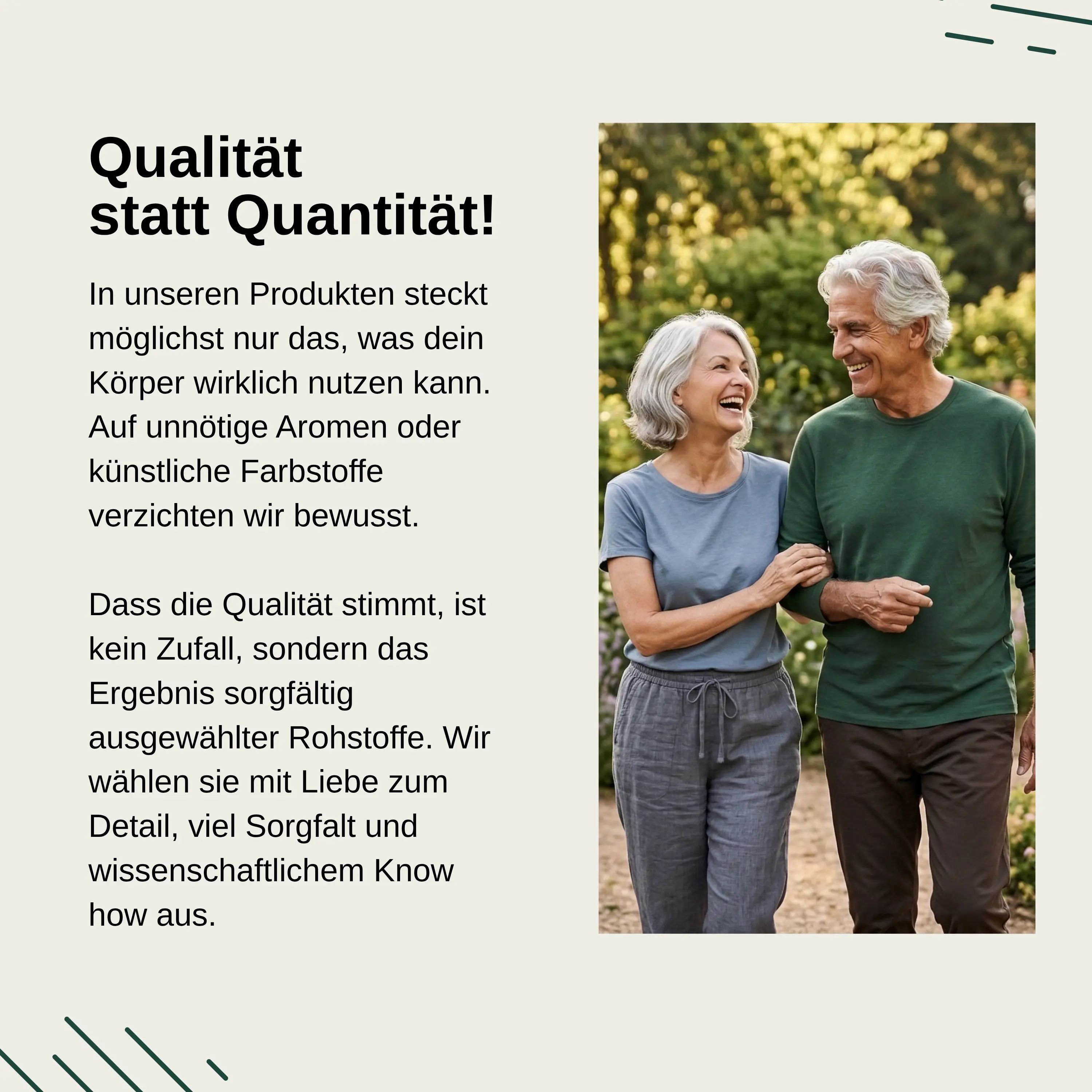 Älteres Paar geht spazieren, umgeben von Natur. Text über Qualität statt Quantität.