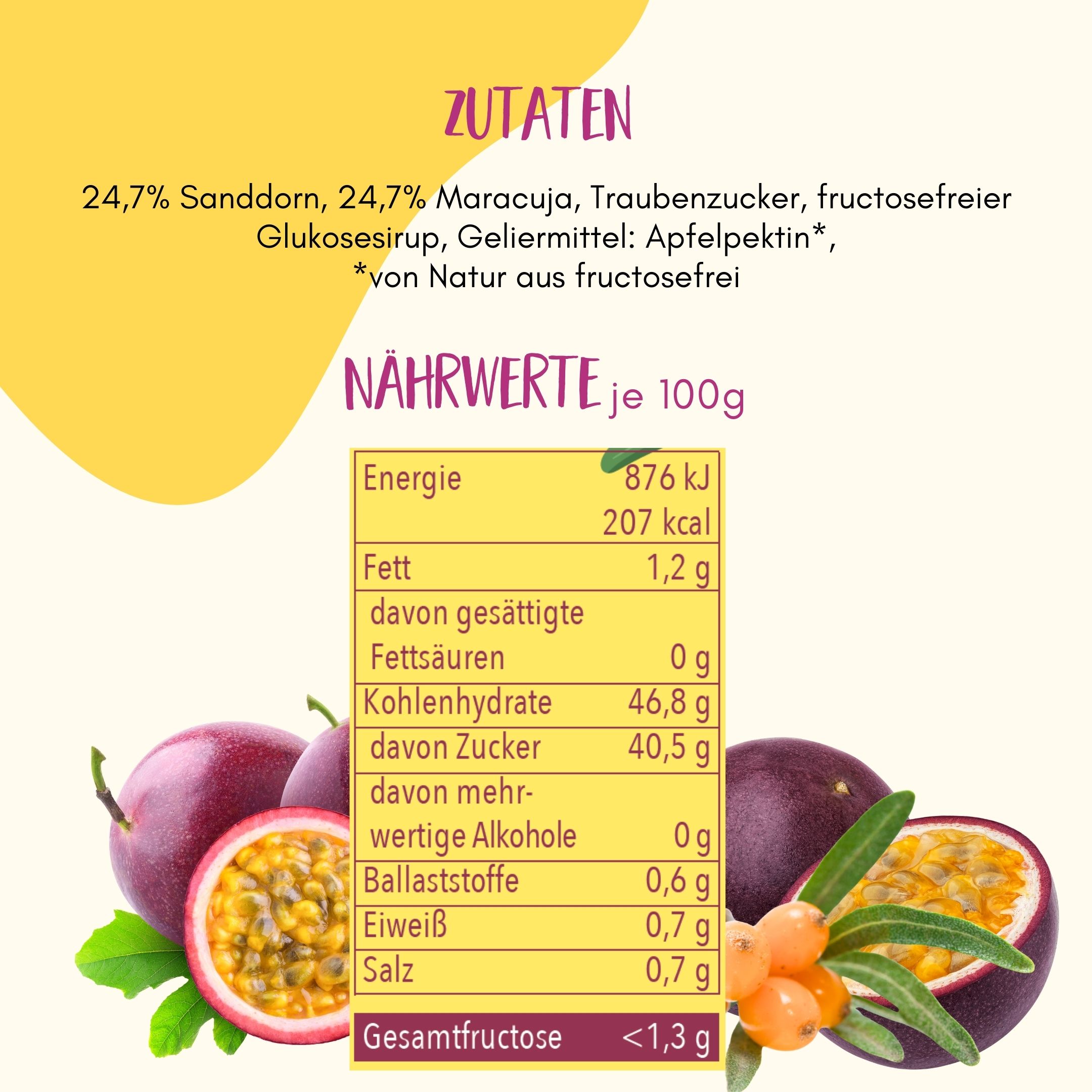 Nährwerttabelle und Zutatenliste für FRUNIX® Fruchtaufstrich. Abgebildet sind Maracuja und Sanddornbeeren.
