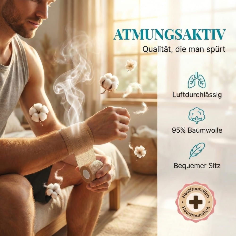 Mann mit Bandage am Arm. Text: Atmungsaktiv. 95% Baumwolle, hautfreundlich. Baumwollblüten und Dampf im Hintergrund.
