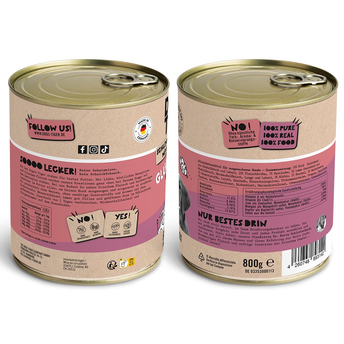 Zwei Seiten einer Hundefutter-Dose. Aufschrift: "Dogs'n Tiger", "Glücksbringer". Rückseite mit Inhaltsangaben und Nährwerttabelle. 800g.
