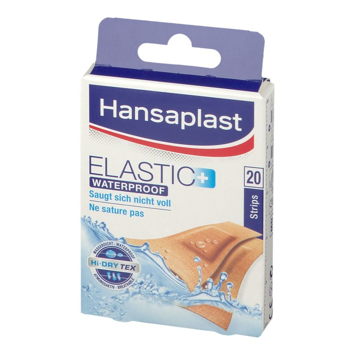 Hansaplast Elastic+ waterproof Verpackung. 20 Strips. Wasserdicht. Produktname und Logo. Blau-weiße Verpackung.