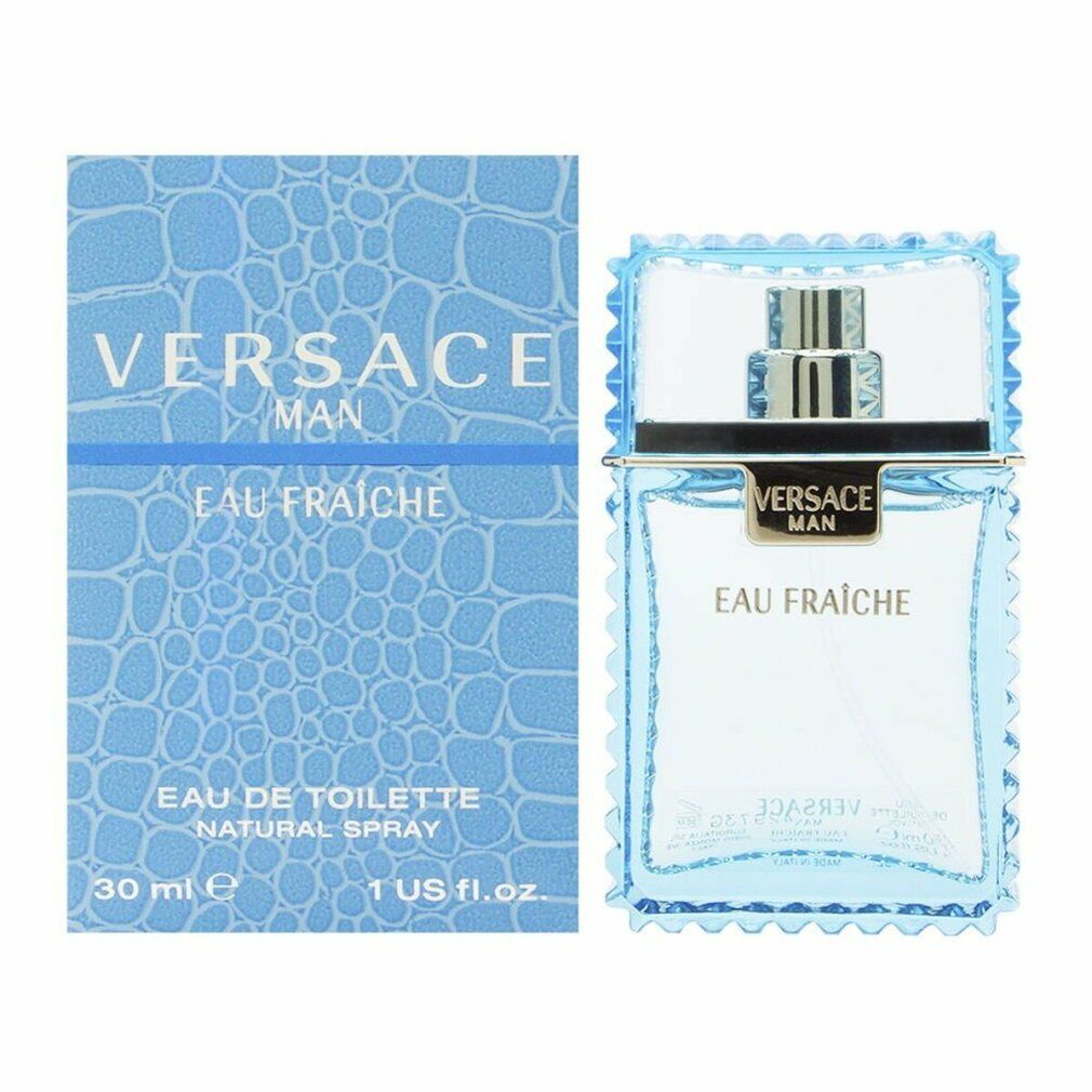 Versace Man Eau Fraiche Flakon und Verpackung. Verpackung blau mit Krokodilmuster.