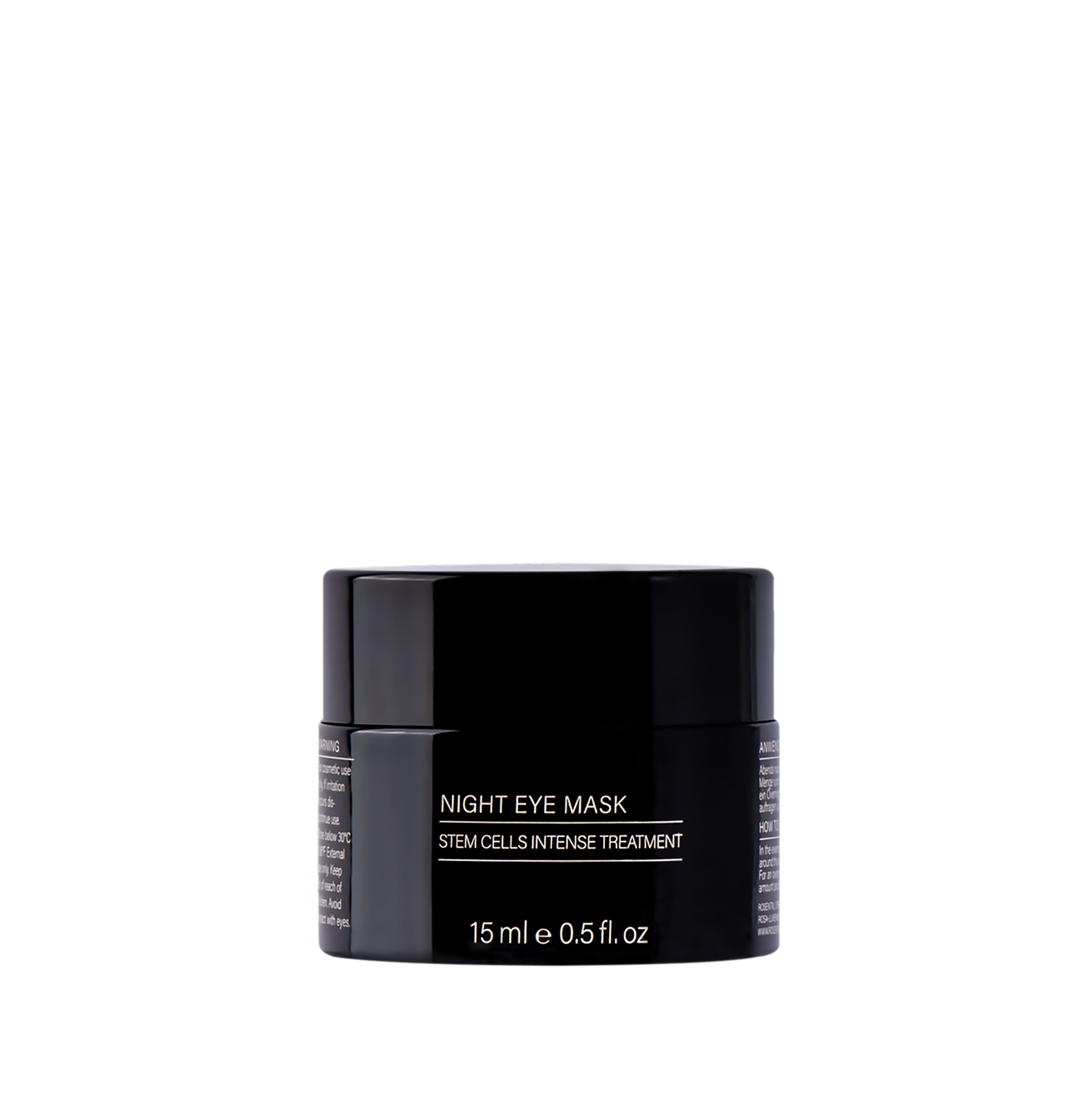 Schwarzer Tiegel mit Text. Produktname: Night Eye Mask. Text: 15 ml 0.5 fl oz.