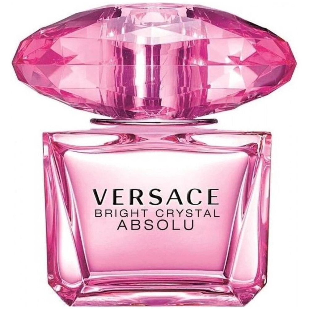 Rosa Parfumflasche mit Kristallverschluss. Aufschrift: Versace Bright Crystal Absolu. Eckige Form.