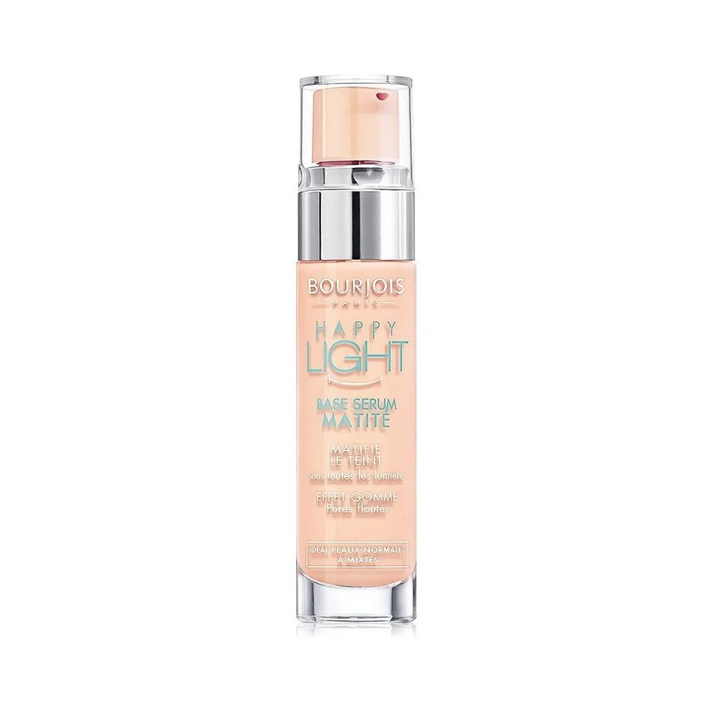 Bourjois Happy Light Mattheit Serumbasis. Flasche mit Pumpe und Produkttext. Ideal für normale bis Mischhaut.