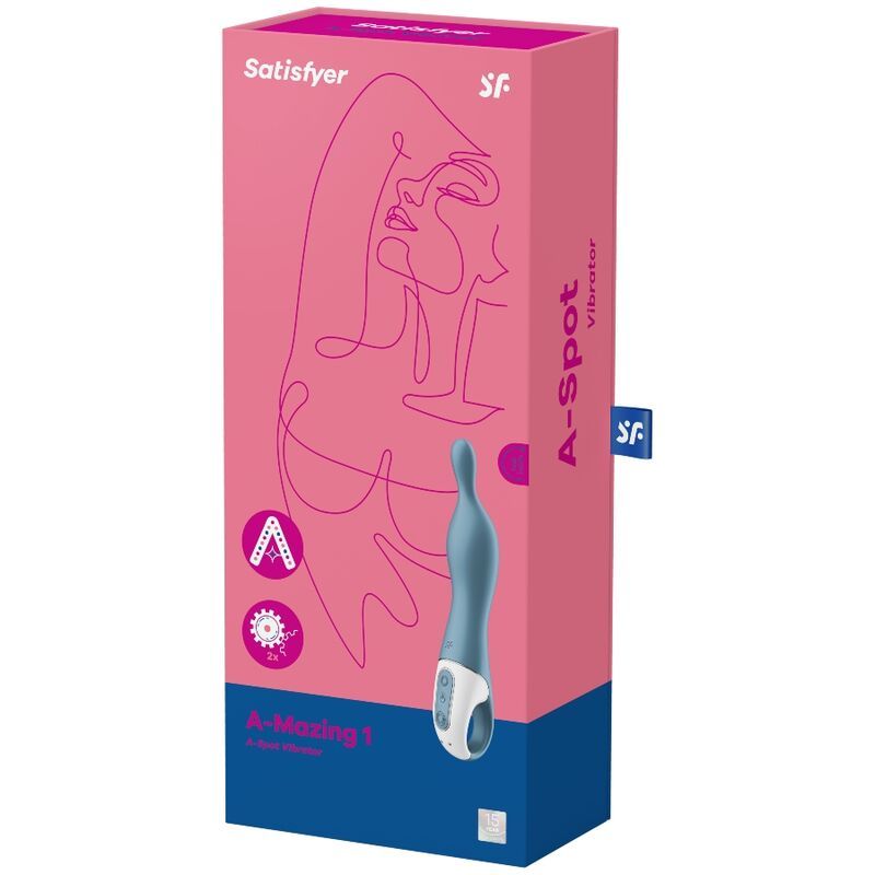 Verpackung mit Produktabbildung. Marke: Satisfyer. Produktname: A-Mazing 1 A-Spot Vibrator.