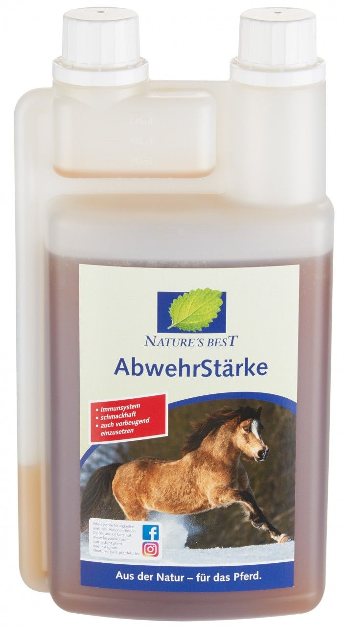 Behälter mit Etikett. Aufschrift: Nature's Best AbwehrStärke. Bild eines Pferdes. Text: Aus der Natur - für das Pferd.