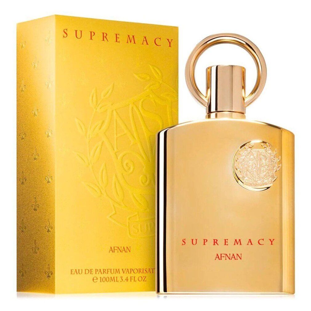 Goldene Parfümflasche und Verpackung mit dem Namen 'Supremacy Afnan'.