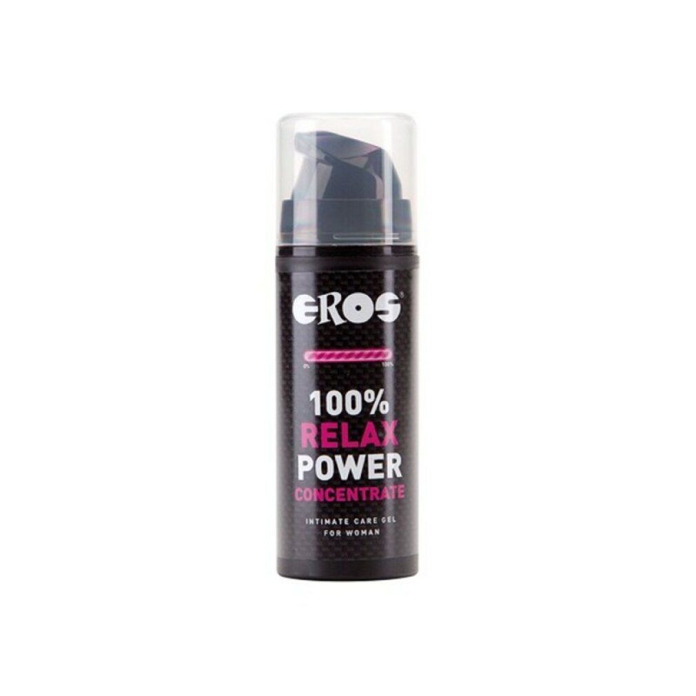 Dunkle Flasche mit Dosierpumpe. Aufschrift: EROS, 100% RELAX POWER CONCENTRATE, Intimate Care Gel for Women.