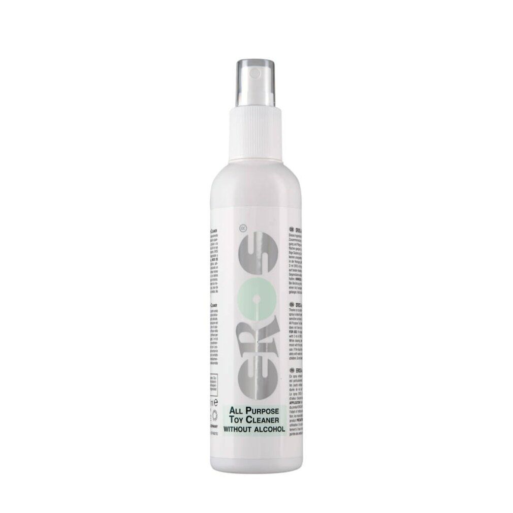Weiße Sprühflasche mit "EROS"-Logo und Text "All Purpose Toy Cleaner without alcohol".