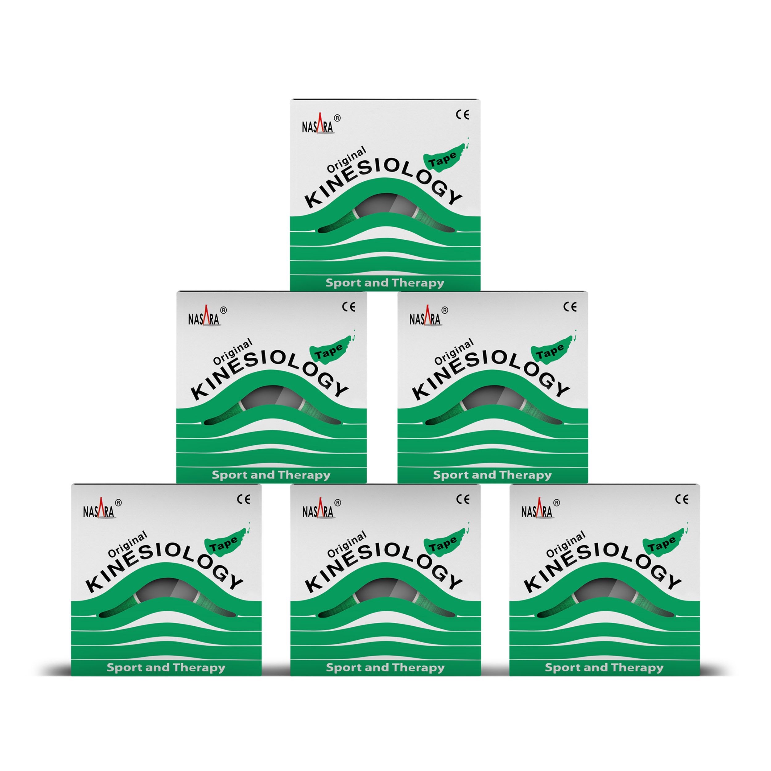Sechs Boxen Kinesiologie-Tape. Aufschrift NASARA Original Kinesiology Tape. CE-Zeichen. Grün-weißes Design.